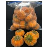 Jumbo bag of 30 nice decorative pumpkins. 3” diameter x 2”H. Gold and green and shiny.