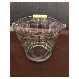 Anchor Hocking heavy glass ice bucket/pail with wood & wire handle. 7”H x 9” diameter x 6.25” base.