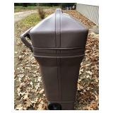 Large Sears brown trash can. 47” H x 15” D x 21” W. 22”D at handle.  63781z.  Rolls on 2 wheels. Air hole in top chipped. See pics.