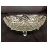 Vtg 4 footed cut glass serving bowl. 9.25”L x 6”W x 3.25” H