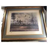 Limited edition print “Thru the Pines - Mourning Doves” by David Hagerbaumer. #167/480. Frame is wood gold and light green. Frame