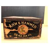 Antique Arm & Hammer baking soda sign wood box/crate. 19”L x 15.5” W x 9” D.  Top is cracked on one side. See pics. Top does not own