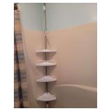 4 shelf, 1 hanger tension corner shower caddy. Great for multiple family members in one bath