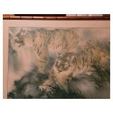 Framed Henry  Wo Yue-kee, two tigers watercolor on rice paper, 28.5" X 41"