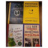 Books - Hardback: THE WIT AND WISDOM OF MARK TWAIN, A BIT OF APPLAUSE FOR MRS CLAUS, paperbacks RESISTING HAPPINESS, STRANGE AND OBSCURE STORIES OF THE CIVIL WAR.