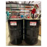 (2) 55 gal metal barrels…..both had gas at one point but in 2011 they both had diesel fuel…..also includes like new pump