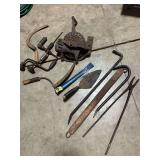 Selection of vintage/antique tools and other…..hand drills, corn shelter, sickles, trial, pry bars, single tree, blacksmith tongs