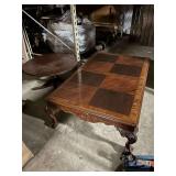 Selection of (2) tables…..ball/claw ornately designed coffee table with inlaid top…..round brass tip side table (blemishes)…..53-1/2 x 34 x 15-1/2 tall and 30”D x 17 tall