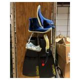 Assortment of scuba equipment…..pair of Compro fins (size 11-13), tempered glass mask, snorkel, shoes (size 8)