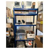 5-shelf shelving unit and contents…..medical equipment, card readers, medical books, electronics and more