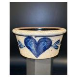 Rowe Pottery Works Bowl with blue heart design…..7”D x 3-1/2 tall