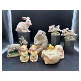 Collection of rabbit decor…..white and gray rabbits are Dept. 56, s/p shakers and lidded rabbit are David Walker, both matching rabbits have small chip on ribbon