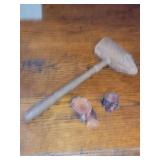 Vintage wooden mallet and 2 wood slices