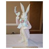 Resin Bunny Rabbit with Pink Velvet Coat & Little Bird on Hand...