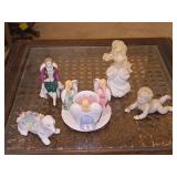 Collection of porcelain figurines plus Avon perfume bottle