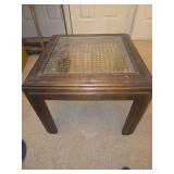 Solid Walnut Rustic Americana 16" x 21" square Accent End Table with Glass and rattan