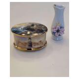 A New Day Dawning numbered porcelain music box, plays and porcelain bud vase 4"