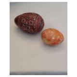 Vintage Ukrainian Hand Painted Wood Egg 3.75" and lapidary egg 2.5"