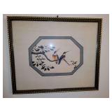 Framed vintage Asian print birds on a branch, 15.5" X 18.5"