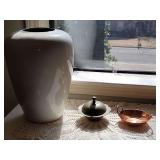 Home Decor grouping: crocheted doily 21" diameter,  white vase 12", brass trinket bowl 5", and copper handled dish 4.5"