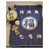 Asian apron reversible, Harmony wall plaque on stand, carved resin cross, and carved trinket box of genuine stone