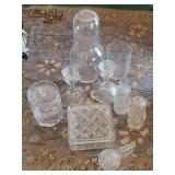 Glass grouping: vintage etched honey jar; bedside water Carafe w 2 glasses; cut glass salt n pepper shakers, decanter top, candlesticks; and 4.5" square trinket box with lid