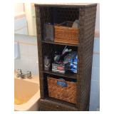 Brown wicker storage cabinet and all contents, 60H 12.5W 11D