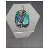 Dichroic Art Glass Pendant Green & Blue Silver & Gold Colors Fused Geometric 1.5" x 1"