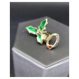 Christmas Red & Green Gold Tone Bell Holly BROOCH/PIN 1.25" X 1"