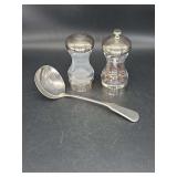 Oneida Stainless steel ladel and stainless steel/acrylic salt shaker and pepper mill