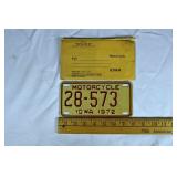 1972 Iowa motorcycle license plate w/ envelope; as