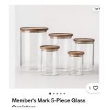 5pc Glass canisters- marble & wood