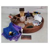 Misc Items in Round Wooden Tray