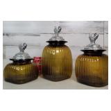 Brown Glass Canisters w/Metal Rooster Sealed Lids