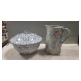 Spongeware Pitcher (9" Tall) & Bowl w/ Lid (8"