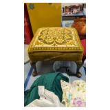 Vintage footstool with needlepoint top and linens