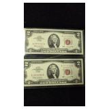 Pair of red seal $2 bills