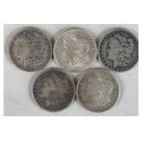 5pc 1889-1921 Morgan Silver Dollars