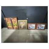 Ornate Framed Religious Print, (4) Oil Paintings.