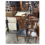 (6) Antique Wood Side Chairs, Oak Stool, Canvas