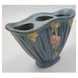 1920s Weller Blue Drapery Rose Fan Vase.