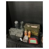 Ammo Box, Gun Cleaning Supplies, Glass Banks.