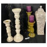 Ceramic Lidded Vase, 6 Varying Size Candle Stands.