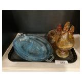 Amber Carnival Glass Rooster & Blue Trays.