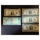 Red Seal $2 Notes, Blue Seal $1, Foreign Money.