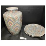 Japanese Carved Porcelain Vase & 2 Plates.