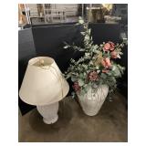 Ceramic Table Lamp & Large Vase w/ Faux Flowers.