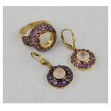 Gold Tone & Purple Stone Earrings & Ring.