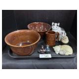 Stoneware Bowls & Creamer, Cat Figurines.