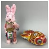 Tinplate Litho Goldfish and Easter Bunny Toys.